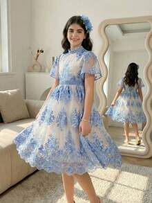 SHEIN 少女优雅奢华公主裙，精致刺绣花卉装饰，立领喇叭袖，收腰A字裙摆，华丽公主裙 - 杏色 - 查看 3