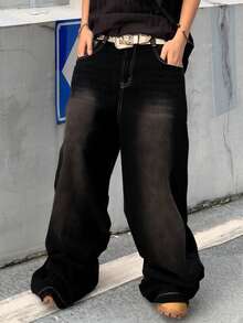 ROMWE MEN Grunge Punk Quần jeans nam ống rộng dáng suông, chất liệu denim mài, có túi. - màu đen - Xem 3