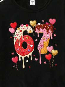 SHEIN GraphicGems 春夏少女休闲时尚创意个性清新别致简约数字67冰淇淋华夫饼彩色糖屑爱心印花舒适基础款短款T恤，适合春夏、情人节氛围、派对上衣、少女生日礼物等场合。 - 黑色 - 查看 3