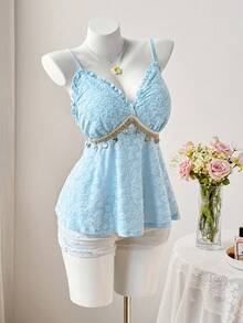 Sweetra 大码女式花卉刺绣装饰圆形吊坠休闲吊带背心，适合约会和派对穿着 - 藍色 - 查看 1