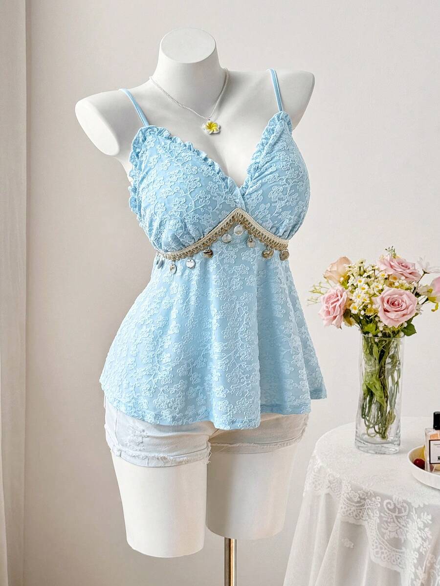 Sweetra 大码女式花卉刺绣装饰圆形吊坠休闲吊带背心，适合约会和派对穿着 - 藍色 - 查看 1