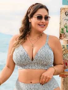 SHEIN Swim Lushore Áo bikini mùa hè dành cho nữ cỡ lớn, họa tiết hình học, dây đeo có thể điều chỉnh, thoải mái. - Nhiều màu - Xem 1