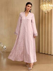SHEIN Najma Đầm dài tay xòe cổ chữ V thanh lịch với họa tiết ruy băng jacquard và ren phối hợp dành cho nữ. - Hồng - Xem 5