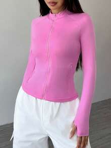 Flirla Women's Spring Autumn Solid Color Zippered Stand Collar Raglan Sleeve Fitted Jacket Fall Winter Cloth For Women - Pink - View 3