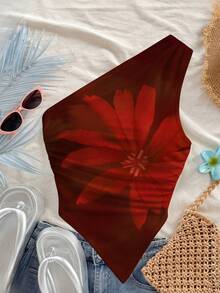 Camiseta de tirantes casual de verano con ajuste entallado, fruncido y bajo asimétrico, estampado floral naranja grande, talla grande - Rojo y negro - Ver 8