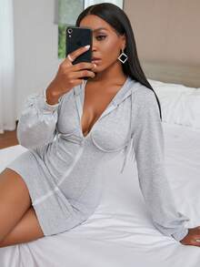 SHEIN VaVaLuxe Áo nỉ Dây kéo màu trơn Giải trí - Màu Xám nhạt - Xem 9