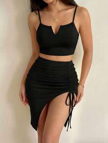 VaVaBold Summer Solid Color Drawstring Split Bodycon Skirt