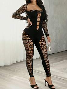 VaVaBold Women's Hollow Sweetheart Neck Long Sleeve See-Through Sexy Mesh Jumpsuit - Black - View 3