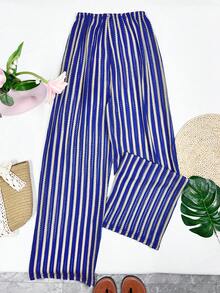 Swim Vcay Women's Summer New Wide Leg Pants, Blue & White Striped Fabric, Elastic High Waist Drawstring, Flared Leg Swimsuit Cover Up Pants - Blue and White - View 2