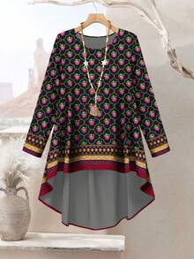 Lacomfia 女士加大码复古印花宽松圆领长袖不对称下摆上衣和裤子两件套，春季款 - 彩色 - 查看 4