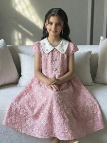 SHEIN Đầm ngắn tay thanh lịch họa tiết hoa jacquard dành cho bé gái tuổi teen - Hồng - Xem 4