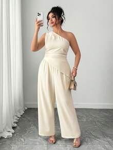 Elenzga Conjunto de dos piezas de blusa sin mangas con bajo asimétrico elegante y pantalones de pierna ancha para mujer de talla grande, de moda para primavera/verano - Albaricoque - Ver 1