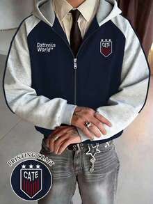 Manfinity Dauomo Men's Letter Graphic Hooded Zip-Up Casual Sweatshirt, Long Sleeve For Autumn/Winter Outings - Multicolor - View 1