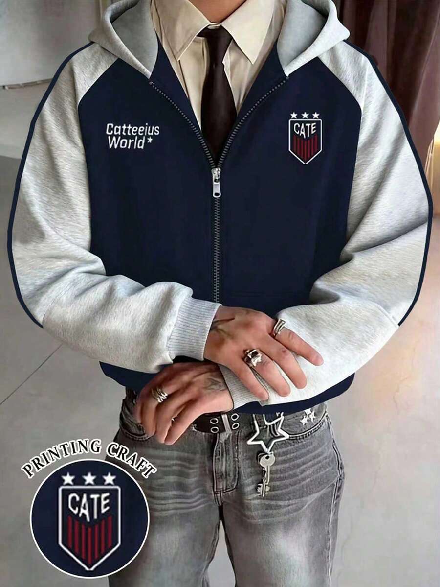 Manfinity Dauomo Men's Letter Graphic Hooded Zip-Up Casual Sweatshirt, Long Sleeve For Autumn/Winter Outings - Multicolor - View 1