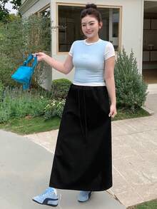 Dazy Plus Black Solid Color Fitted Long Tie-Waist Casual Versatile Skirt, Suitable For Spring And Summer - Black - View 4