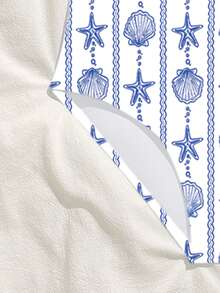 SHEIN 少女连体泳衣,可爱蓝色贝壳和海星条纹针织面料无袖连体裤,时尚优雅休闲,适合游泳、夏季度假、海滩、泳池、节日派对等场合。 - 白色 - 查看 7