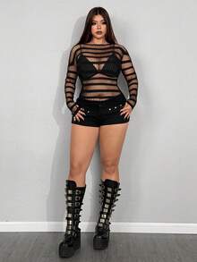 Whyspr 女士加大码性感镂空圆领修身长袖上衣 - 黑色 - 查看 4