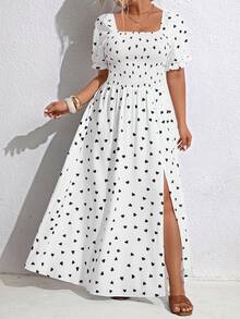 SHEIN LUNE فستان ماكسي للمرأة ذات الحجم الكبير بطبعة قلب رومانسية جديدة، ذو رقبة مربعة أنيقة، فستان طويل بطبعة فرنسية حضرية رومانسية، مناسب للمواعيد والتجمعات والسفر وعيد الحب والعطلات، أنيق وممشق - متعدد الألوان - مشاهدة 1