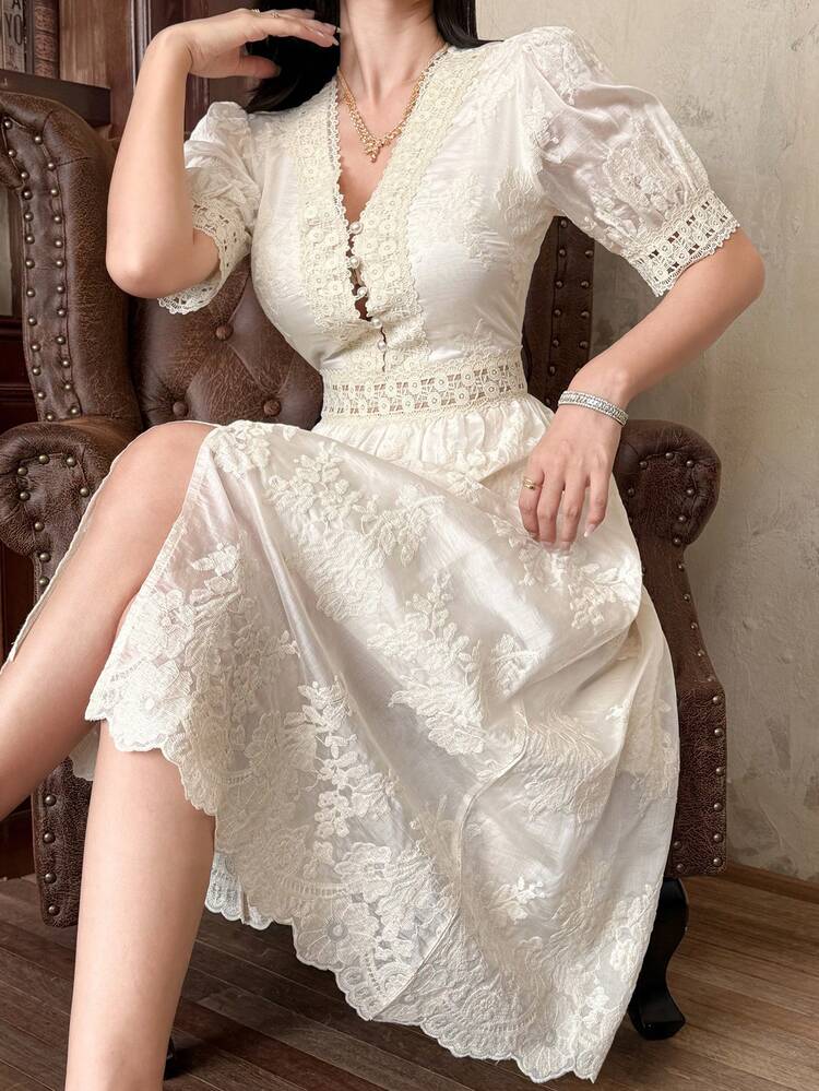 Elegant Embroidered V-Neck Lace Trim Cinched Waist Long Dress Sundress