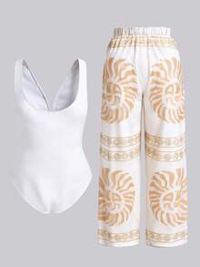 SHEIN Swim Oasis 新款加大码女士性感V领连体网纱泳衣，带收腹裤，两件套泳装 - 白色 - 查看 2