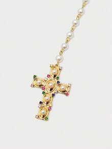 Glisma Dây chuyền mặt thánh giá mạ vàng 18K, 1 chiếc, thích hợp cho tiệc tùng, thường ngày, hòa nhạc/lễ hội, hộp đêm, dễ thương, sang trọng, đám cưới, kỳ nghỉ, du lịch, cắm trại, có họa tiết, ánh kim, đính đá, đá Cubic Zirconia, ngọc trai, mùa hè, bãi biển, dạ hội, cao cấp. - Vàng - Xem 5