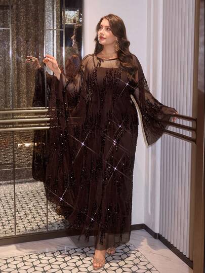 Modelyn Plus Size Women Elegant Luxurious Asymmetrical Sleeve Mesh Pleated Beaded Embroidered Sparkly Banquet Comfortable 2-Piece Jacket Set