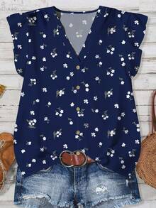 EMERY ROSE 女士碎花休闲衬衫，适合夏季穿着，休闲百搭 - 藍色 - 查看 3