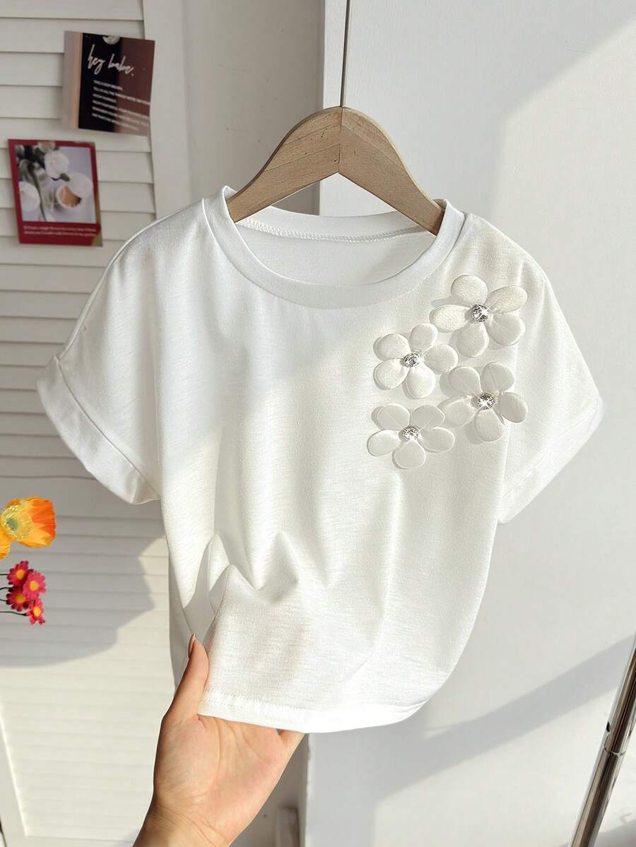SHEIN 女童休闲都市优雅修身宽松蝙蝠袖翻边水钻花卉装饰圆领T恤，白色 - 白色 - 查看 1