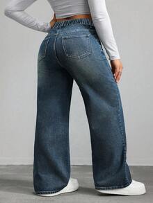 SHEIN CURVE+ Plus Size Women Casual Loose Fit Denim Wide Leg Pants - Dark Wash - View 2
