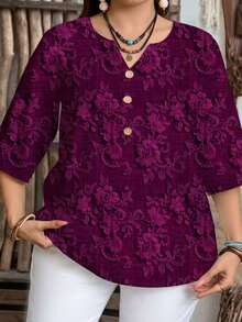 EMERY ROSE Plus Size Casual Floral Print Shirt, Suitable For Summer Spring - Purple - View 6