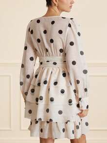 Aveloria Modichic Black & White Polka Dot V-Neck Tiered Ruffle Waist Dress, French Romantic Vintage Elegant, Suitable For Afternoon Tea, Romantic Retro Girly Style - Black and White - View 2