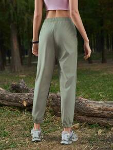 SHEIN Sports 女士弹力腰带休闲百搭日常运动户外运动裤 - 橄欖綠 - 查看 2
