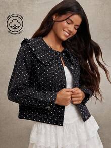 WESTFADE Polka Dot Print Oversized Ruffle Peter Pan Collar Button Front Long Sleeve Cotton Blend Denim Jacket - Grey - View 1