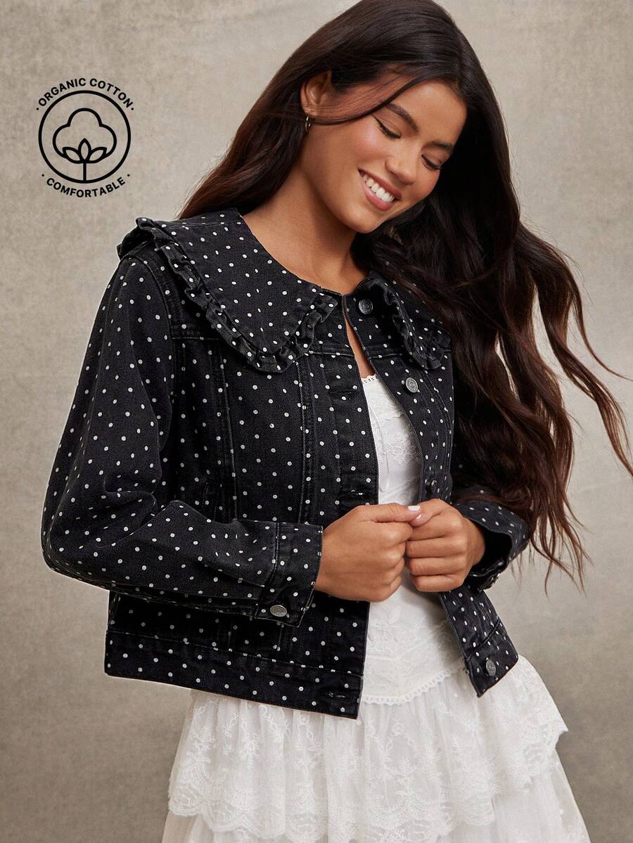 WESTFADE Polka Dot Print Oversized Ruffle Peter Pan Collar Button Front Long Sleeve Cotton Blend Denim Jacket - Grey - View 1