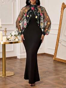 SHEIN Lady 女士花卉刺绣网纱灯笼袖立领修身连衣裙，鱼尾下摆 - 彩色 - 查看 3