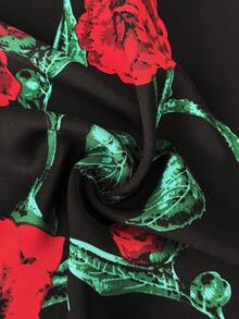 Vionelle Plus Size Elegant Rose Flower Print Sweetheart Neck Lantern Sleeve Dress, Autumn - Black - View 7