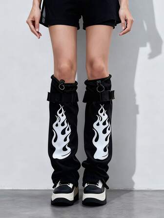 Grunge Punk 1 Pair Of Spice Girl Punk Style Black Solid Color Socks, Y2K Knitted Flame Pattern Straps Stacking Socks, Thin Personality, Suitable For Daily Wear, Holiday Party Wear