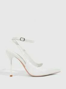 CUCCOO SZL 尖头细高跟黑色亮面面料时尚百搭性感派对踝带女式高跟鞋，圣诞节女士无后跟高跟鞋 - 7639石頭紋白00 - 查看 4