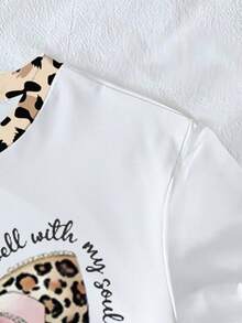 女童休闲简约英文风T恤，粉色蝴蝶结，豹纹蝴蝶结，水钻图案，短袖圆领，适合夏季穿着，美式度假风，修身白色T恤，日常百搭。 - 彩色 - 查看 4