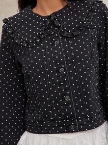WESTFADE Polka Dot Print Oversized Ruffle Peter Pan Collar Button Front Long Sleeve Cotton Blend Denim Jacket - Grey - View 6