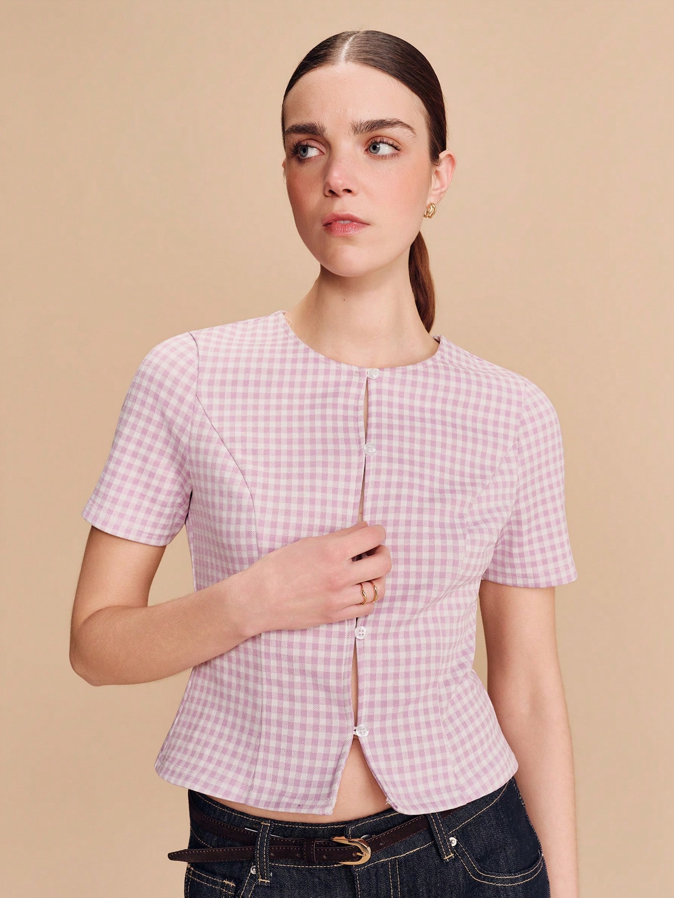 Lilac Gingham Short Sleeve Button-Front Top Cute Vintage Spring Summer Style French Style Parisian Style Business Casual