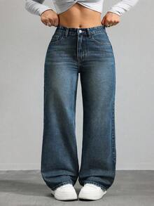 SHEIN CURVE+ Plus Size Women Casual Loose Fit Denim Wide Leg Pants - Dark Wash - View 4