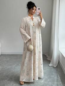 Al Najma 女士V领插肩喇叭袖宽松长款复古阿拉伯风格连衣裙 - 杏色 - 查看 7