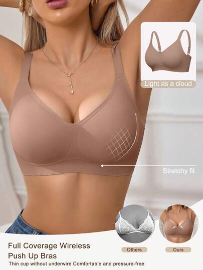 Wireless Seamless Push Up Bra Brown Comfy Full Coverage Light As A Cloud Wireless Pushup Bra Full Coverage Wireless Bra Bras For Women Wireless Thin Cup Wireless Bra Seamless Bra Push Up