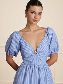 BELROSIE V-Neck Striped Hollow Metallic Star Decor Puff Sleeve Waist Cinched Flared Short Sleeve Dress - Blue and White - View 3