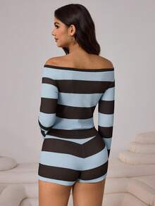 Aidyla Women's Cold Shoulder Top And Low-Waist Shorts, Casual Fashionable Streetwear Blue And Brown Striped 2-Piece Set - Multicolor - View 2