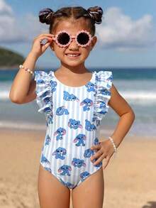 SHEIN Young Girls Cute Ruffled Tropical Floral Print One-Piece Swimsuit, Pink Tie Dye Beach Outfit, Swimwear, Beach Wear - Blue - View 1