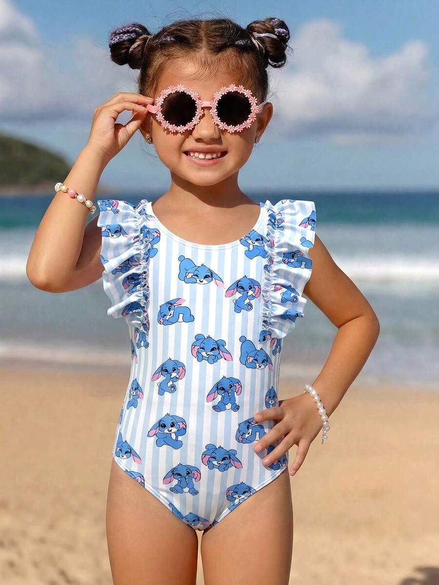 SHEIN Young Girls Cute Ruffled Tropical Floral Print One-Piece Swimsuit, Pink Tie Dye Beach Outfit, Swimwear, Beach Wear - Blue - View 1