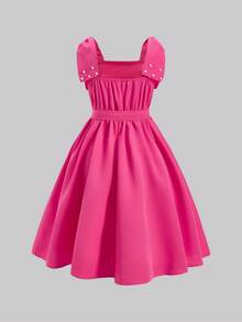 SHEIN 一件少女优雅绉纱连衣裙，配有可拆卸串珠蝴蝶结肩带和贴身腰带，适合休闲、派对和假日穿着。 - 玫紅色 - 查看 2