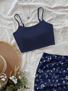 Soleia 女士纯色吊带背心搭配开衩裙休闲套装，适合日常穿着和约会。 - 藍色 - 查看 7